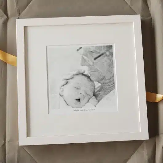 GrandMother and Baby Portrait Gift BW Full White Frame