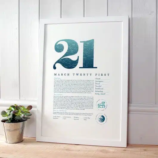21st March Birthday Gift Print